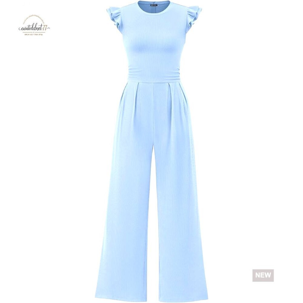 Medium Jumpsuit Crew Neck Ruffle Sleeves Rib Knit Back Zipper